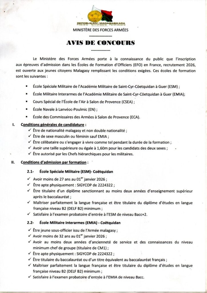 Concours d'Admission aux Écoles Militaires Françaises 2026 pour les candidats Malgache Admission aux Écoles Militaires Françaises 1