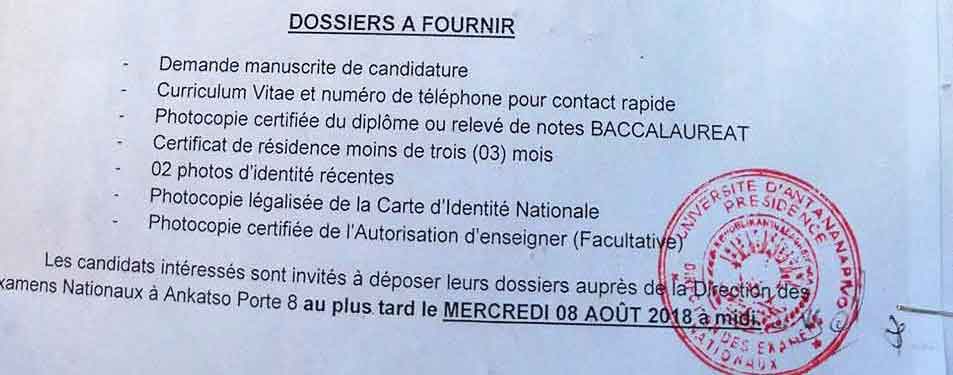 Dossier à fournir recrutement université antananarivo