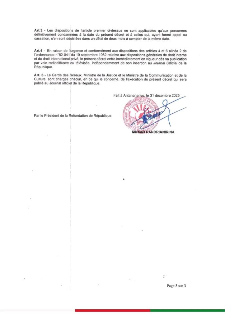 Michaël Randrianirina : Discours de fin d’année du Président du Fanavaozana Grace presidentielle 3