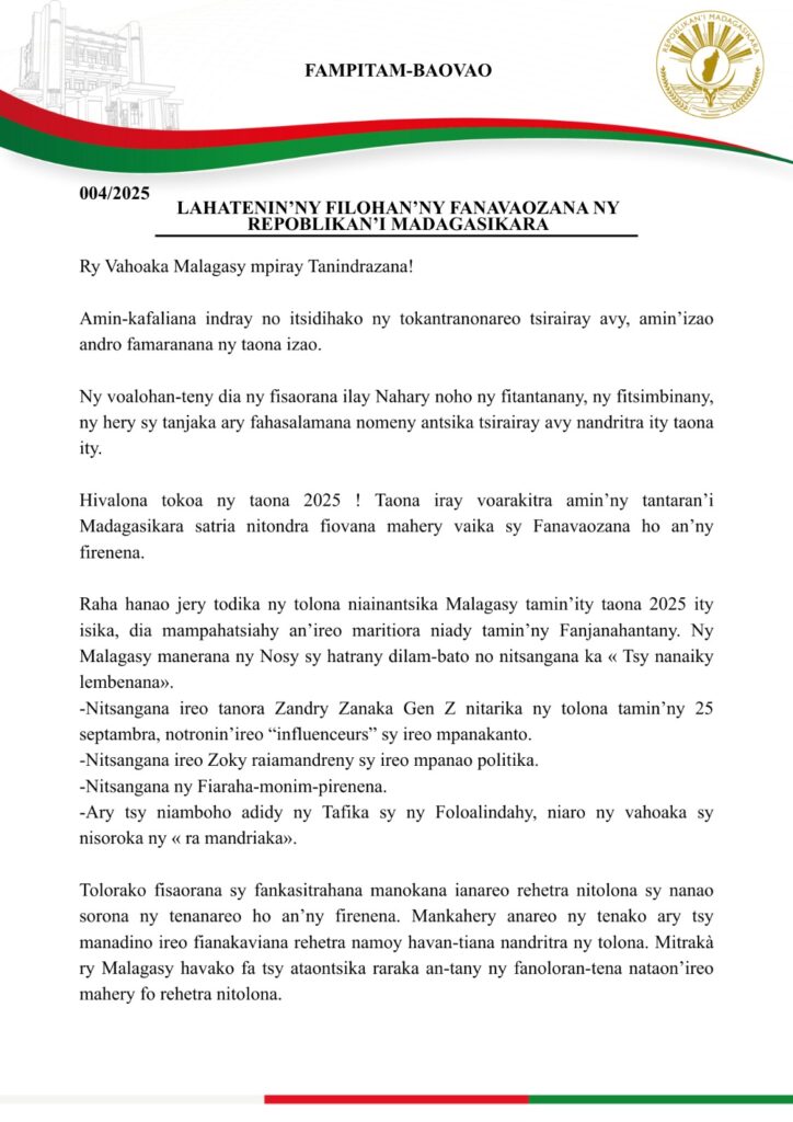 Michaël Randrianirina : Discours de fin d’année du Président du Fanavaozana Michaël Randrianirina Discours 1