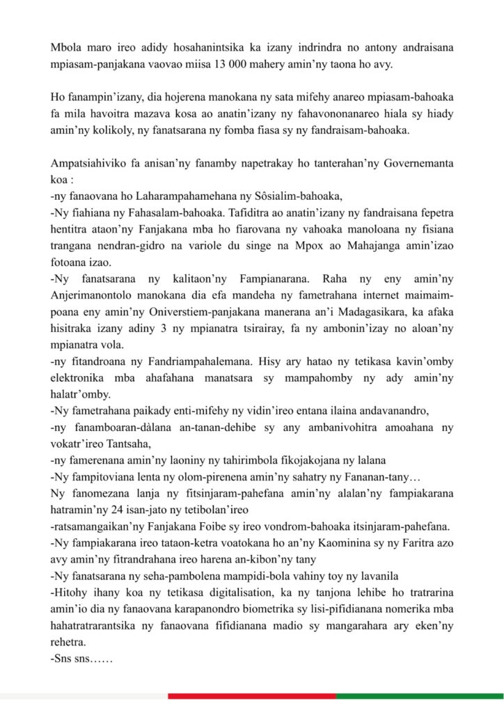 Michaël Randrianirina : Discours de fin d’année du Président du Fanavaozana Michaël Randrianirina Discours 5