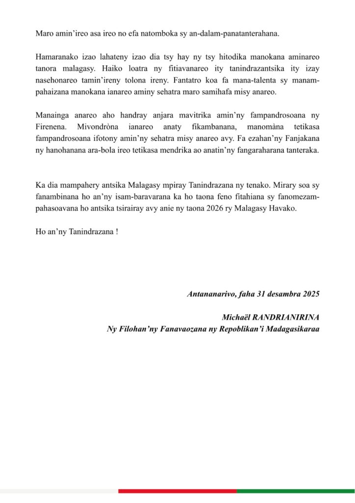 Michaël Randrianirina : Discours de fin d’année du Président du Fanavaozana Michaël Randrianirina Discours 6