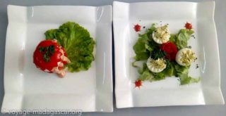Oeuf mimosa et oeuf poche à la basquaise