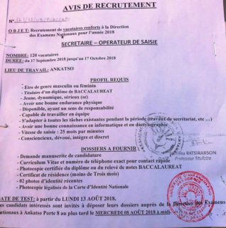 Université d’Antananarivo recrute des Vacataires renforts