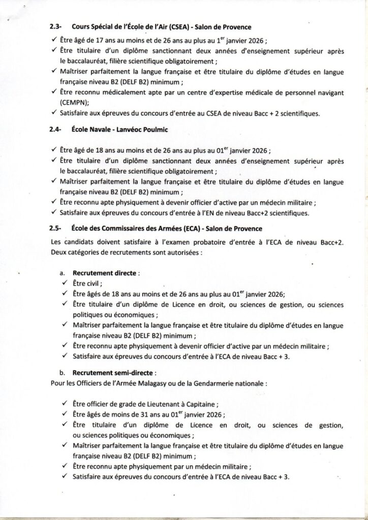 Concours d'Admission aux Écoles Militaires Françaises 2026 pour les candidats Malgache Admission aux Écoles Militaires Françaises 2